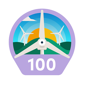 Ecologi 100 co2 offset icon with wind turbine and yellow sun in background.