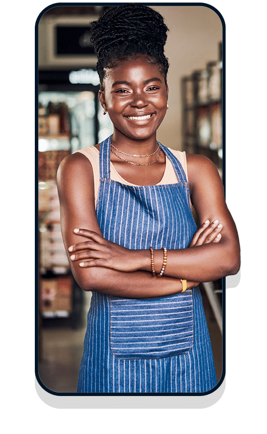Female business owner in blue apron in mobile frame